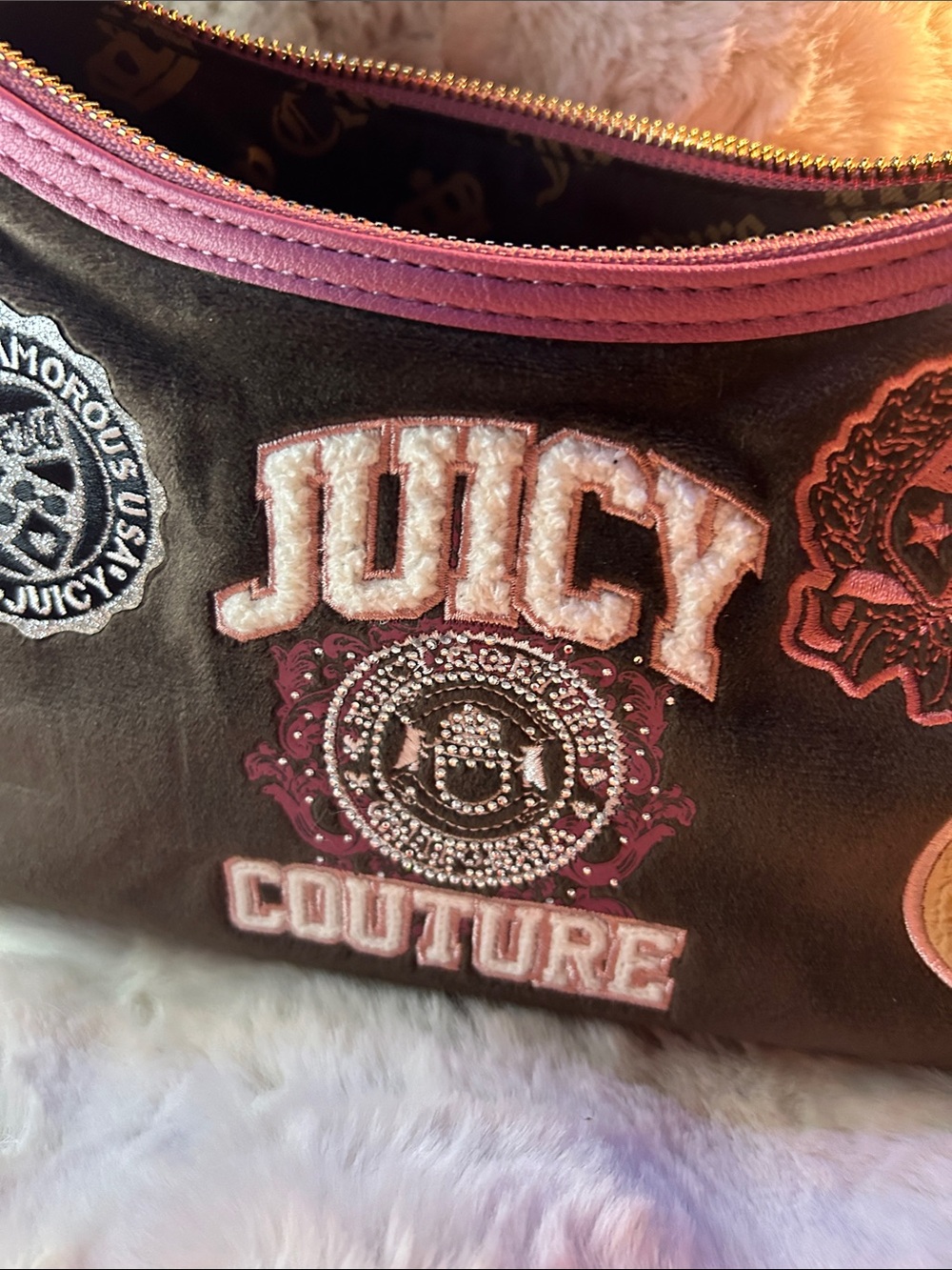 NWT Juicy Couture Varsity Patch Velour Shoulder Bag - Brown & Pink